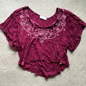 Burgundy boho blouse with design and tassels